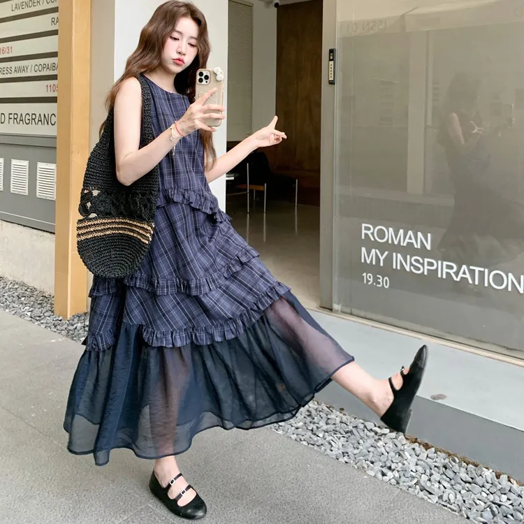 韩系超好看无袖背心连衣裙女网纱拼接2025夏季新款高级感超火长裙