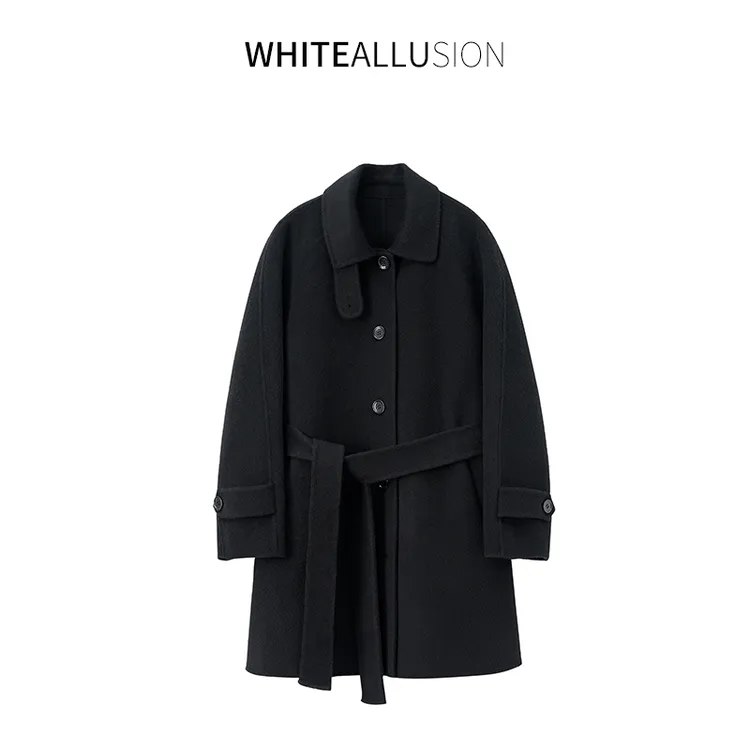 素典【英伦作家】韩版时尚宽松毛呢中长款双面呢翻领大衣外套3005