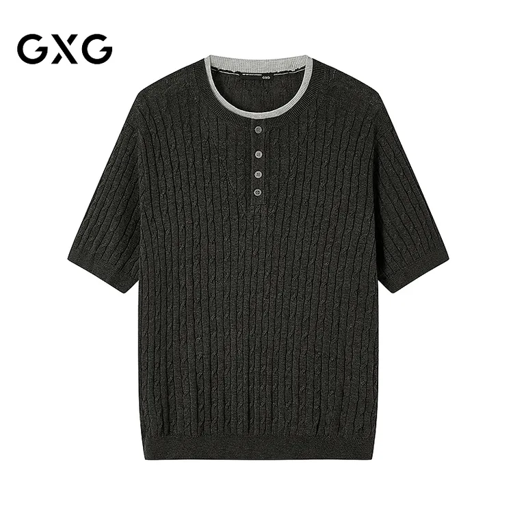 GXG男装 微阔绞花肌理假两件老钱风T恤 2026新品夏季#G26D202044