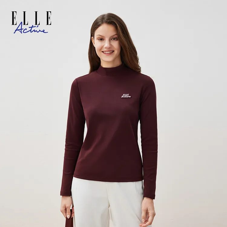 ELLE Active修身半高领T恤2025秋新款基础内搭套头打底衫休闲上衣