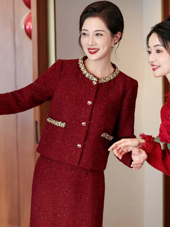 千金风红色喜庆小香风2025年新款法式时尚套装秋冬装女装休闲风