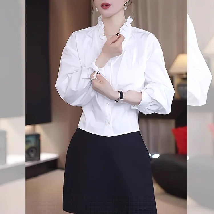 2025春秋季新款女士巨好看的衬衫格白色木耳边收腰长袖褶皱短衬衣
