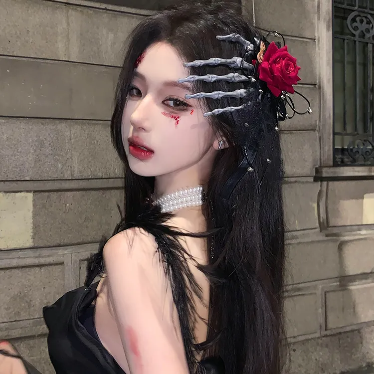 洛丽塔头饰cos暗黑哥特酒红玫瑰骷髅手指发夹万圣节发饰道具装扮