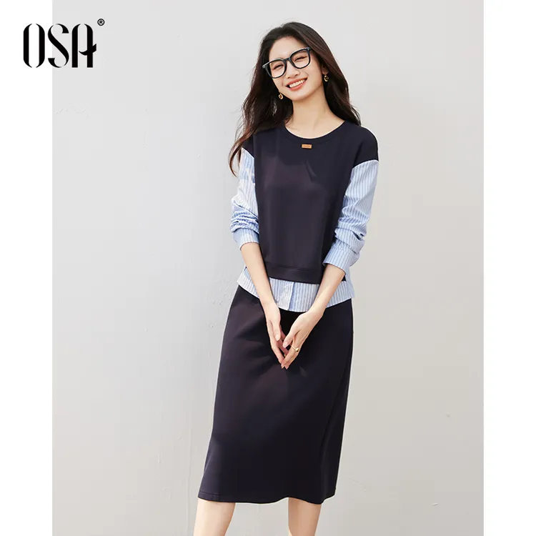 OSA/欧莎 假两件条纹衬衫套装女高级感上衣半裙两件套S125C15002