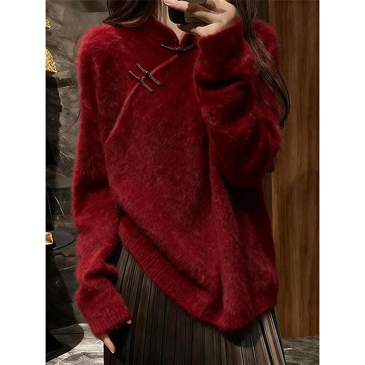 新中式国风毛衣女款2025新款红色高级感针织可外穿内搭上衣女秋冬