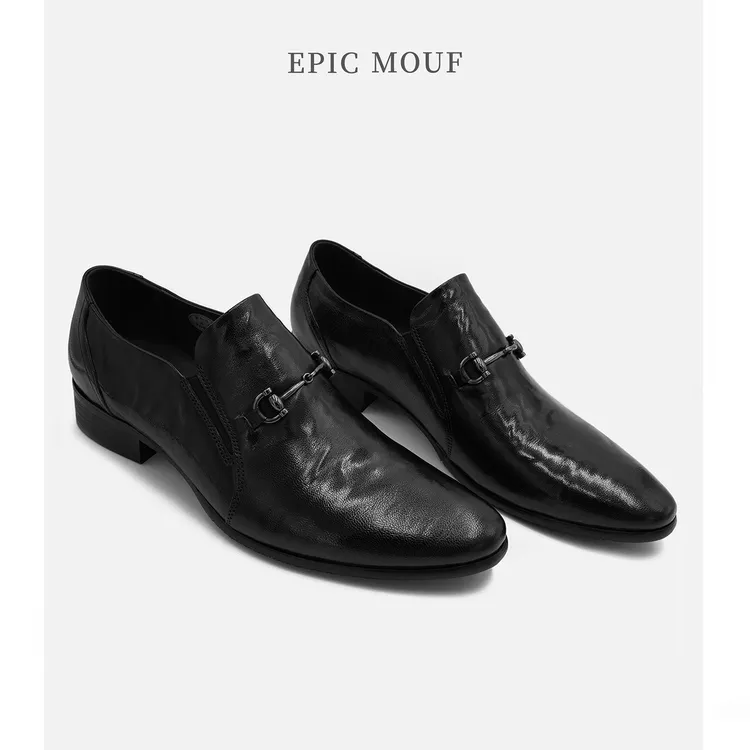 牟夫【轻熟商务】商务真皮经典黑色牛皮增高尖头皮鞋一脚蹬乐福鞋