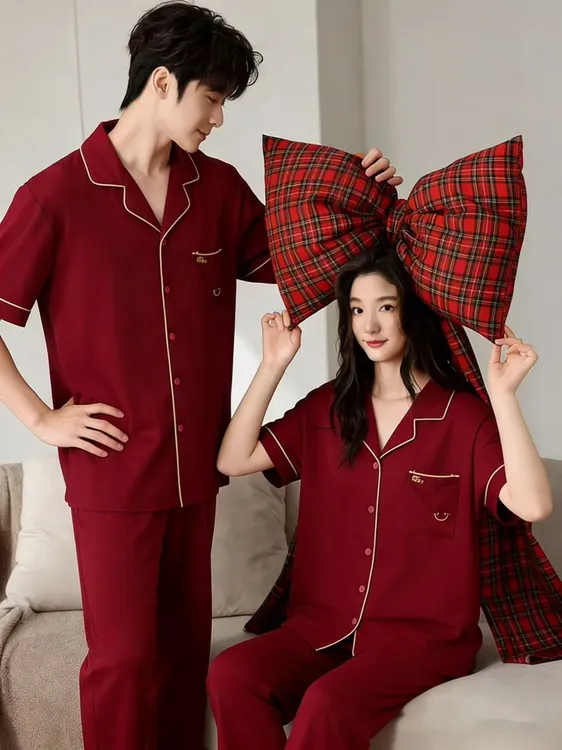 好运新年红—半袖睡衣套装男女士对襟开衫翻领半袖家居服本命年