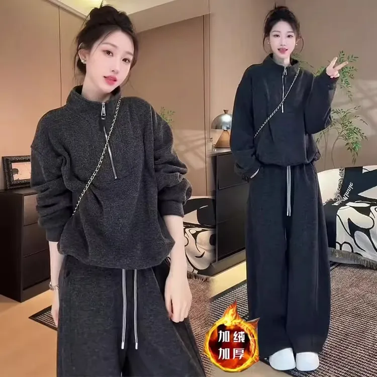 加绒加厚休闲套装女2025冬季新款时髦洋气棉马甲卫衣阔腿裤三件套