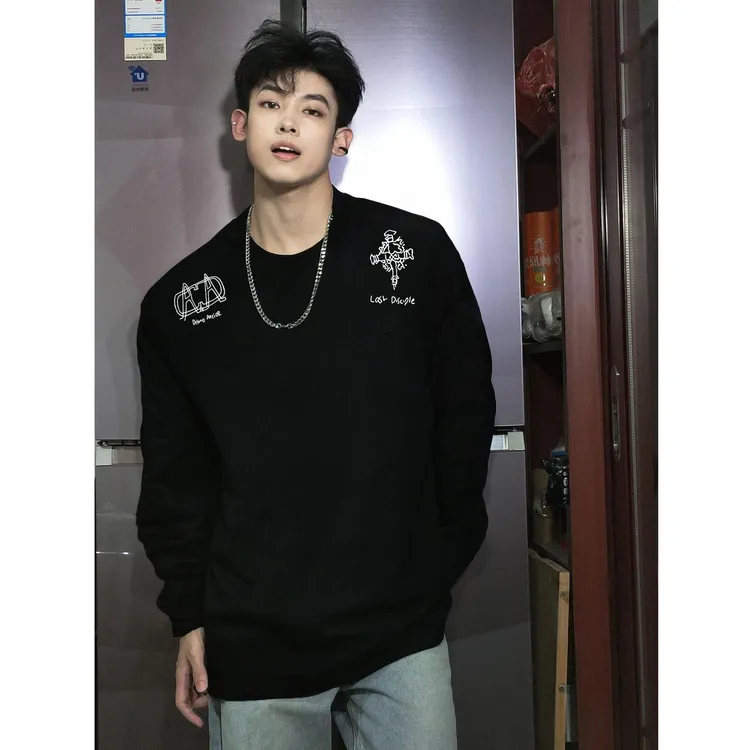 重磅纯棉秋冬美式潮牌长袖t恤男款宽松潮流百搭秋装上衣打底衫