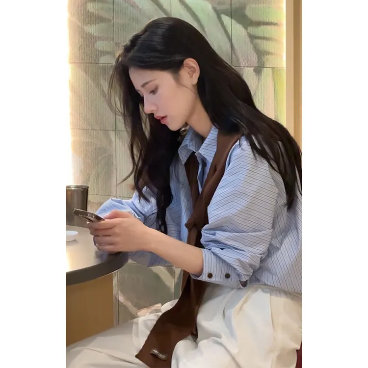 parkyeon秋季新款韩系轻职感通勤条纹衬衣百搭披肩高腰休闲裤套装