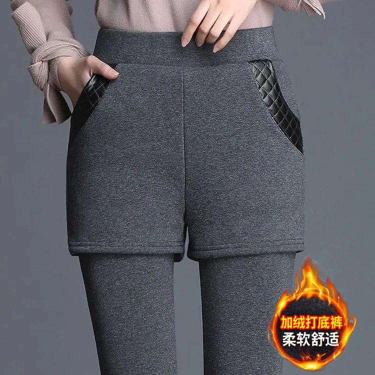 德绒冬季加绒加厚假两件显瘦打底裤女外穿高腰保暖弹力紧身大码裤