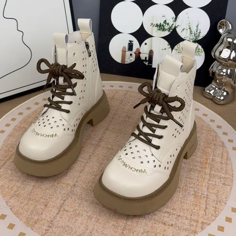 欧货洞洞厚底凉靴女2025新款春夏季薄款透气镂空小个子圆头马丁靴