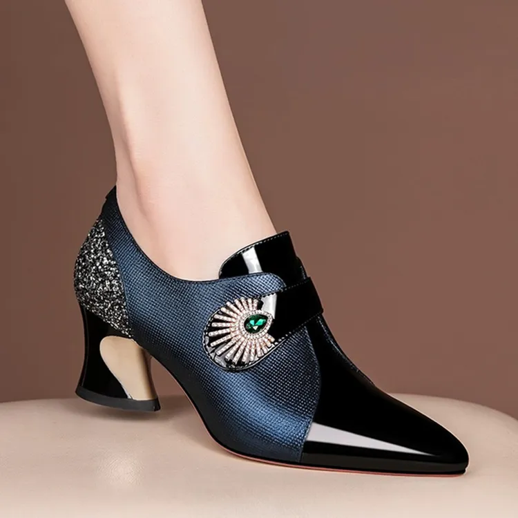 真皮漆皮粗跟拼色尖头皮鞋2025春秋新款水钻软皮中跟深口单鞋女