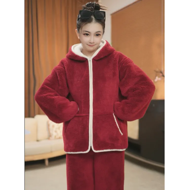 【双层特厚】睡衣女秋冬季连帽加绒加厚保暖休闲家居服套装可外穿
