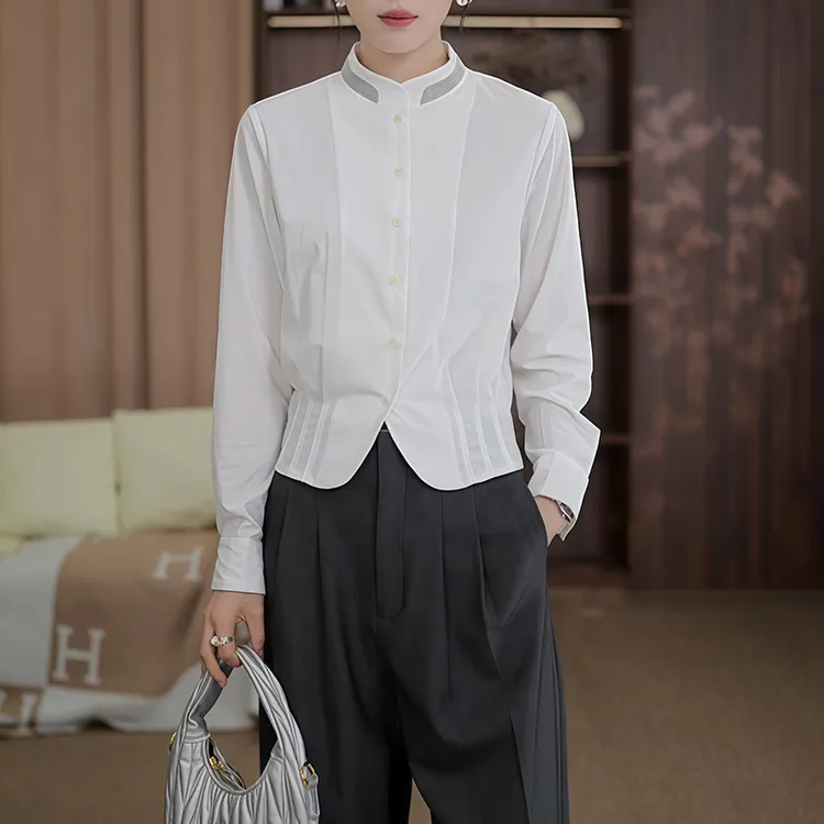 法式气质立领白色衬衫女2025秋季新款设计感小众修身显瘦长袖上衣