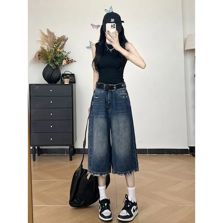 美式复古磨破宽松七分牛仔裤女夏季薄款高腰松弛感休闲直筒中裤潮