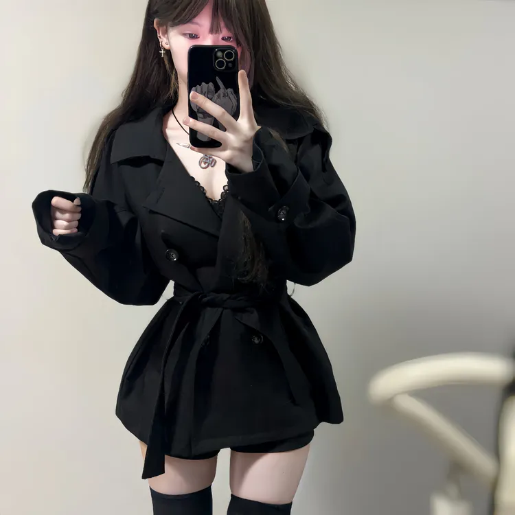 iqcq气球熊纯欲风双排扣风衣女秋季新款黑色系带收腰显瘦短款外套