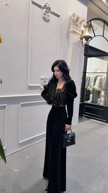 大气元（裙子）原创设计油画拼接丝绒连衣裙#C0004