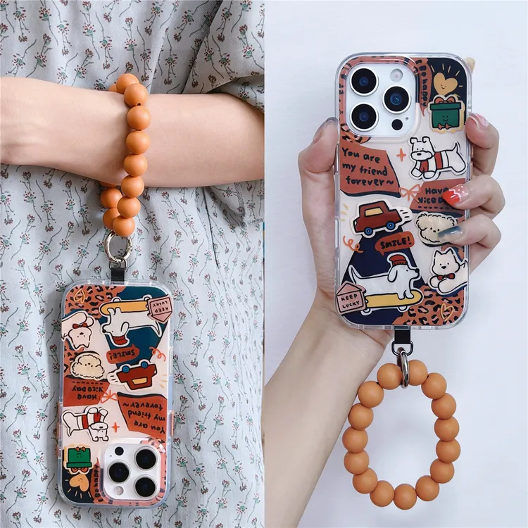棕色复古涂鸦小狗串珠圆环适用iphone17pro手机壳苹果16手腕15/14