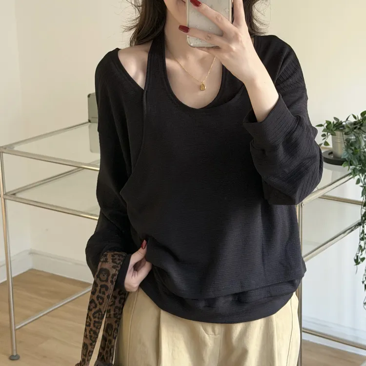嘎子布·挂脖针织！老肩巨滑小露肤长袖春秋冬显瘦修饰斜方肌打底T