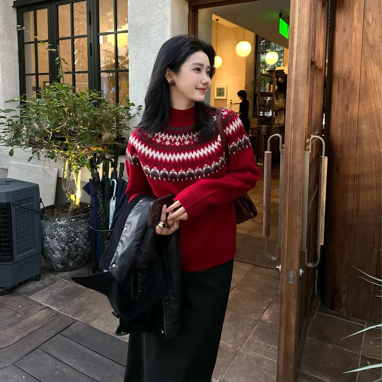 REALNEEI 许怡【费尔圣诞】冬季费尔岛100%绵羊提花撞色厚实毛衣女