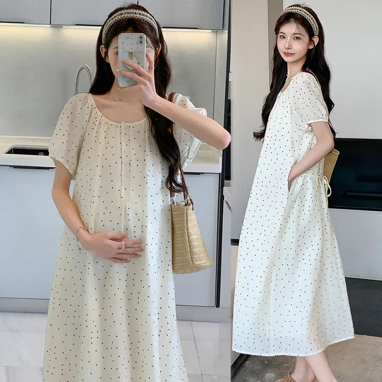 孕妇装夏装2025新款连衣裙夏季短袖雪纺裙波点娃娃裙女遮肚小个子