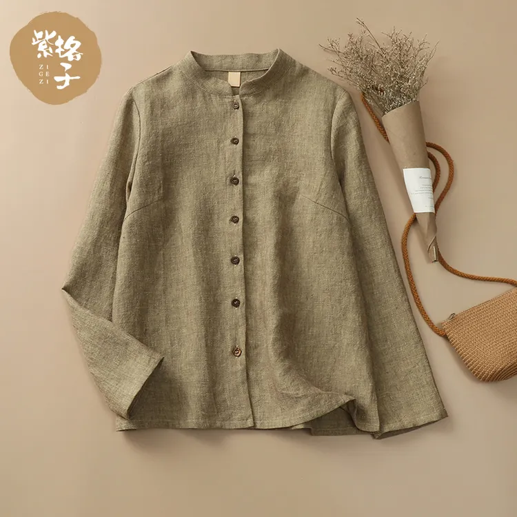 高端汉麻衬衫女春夏新款时尚立领上衣文艺复古小衫休闲简约小衫女