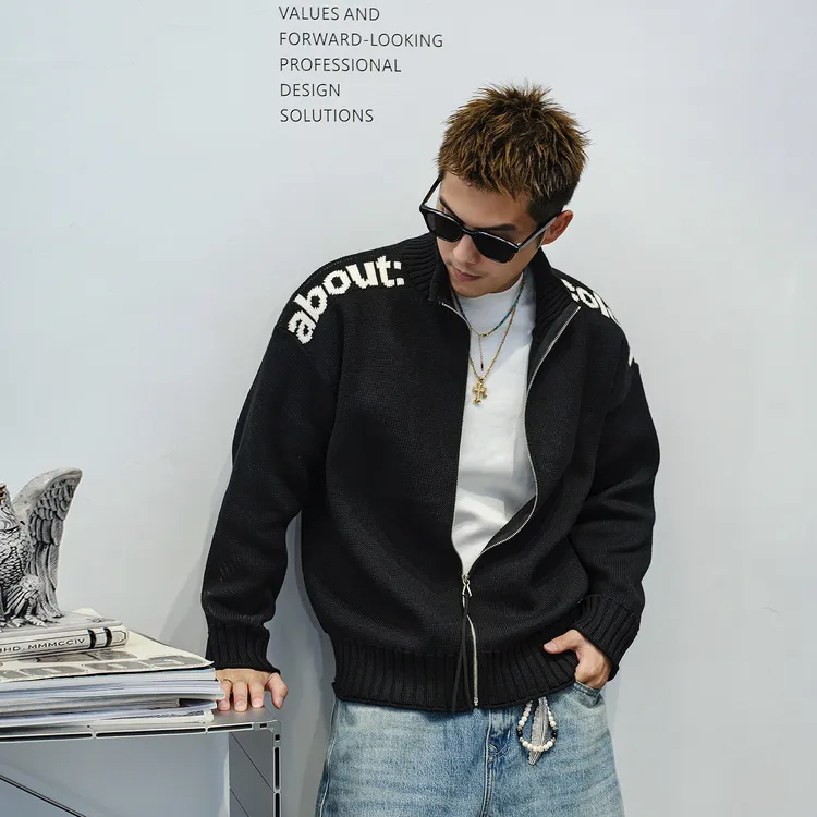 Aft studio913g重磅 字母提花黑色开衫毛衣男春秋休闲针织衫外套