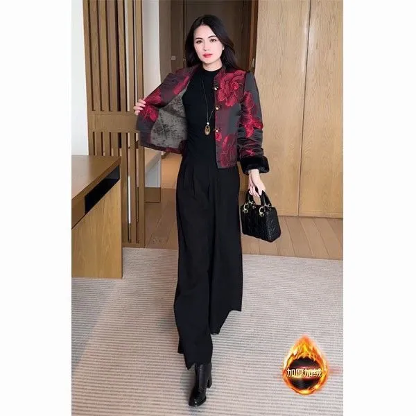 时尚中式国风印花短外套2025秋冬季新款洋气加绒加厚保暖外套上衣