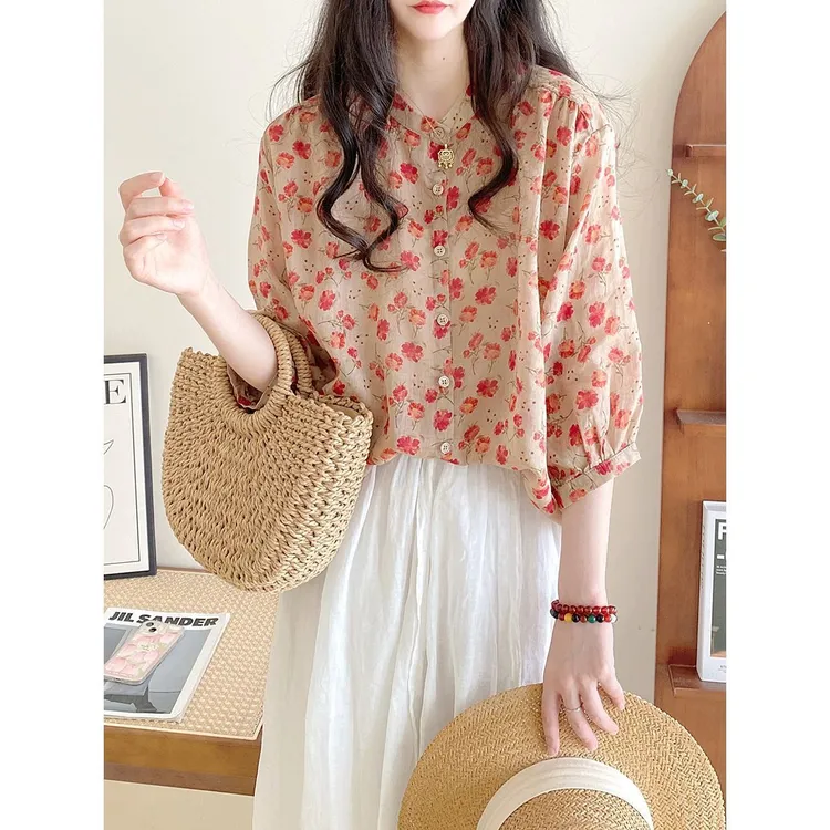 2025新款女夏季韩版宽松通勤文艺气质甜美圆领碎花中袖衬衫上衣