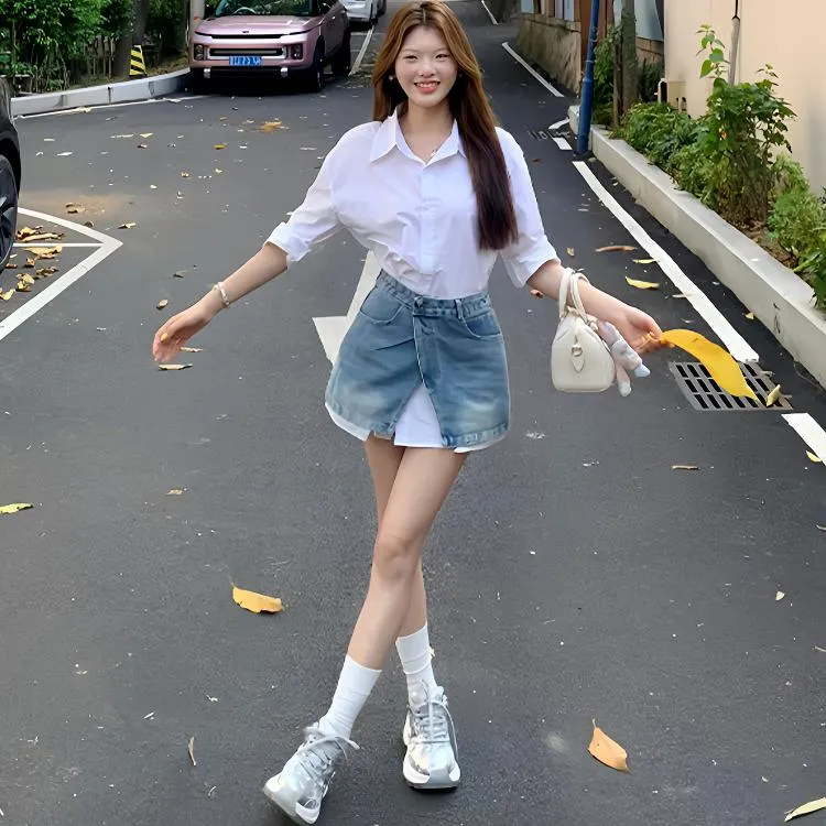 甜美学院少女风时尚套装女2025秋新款百搭上衣衬衫牛仔短裙两件套