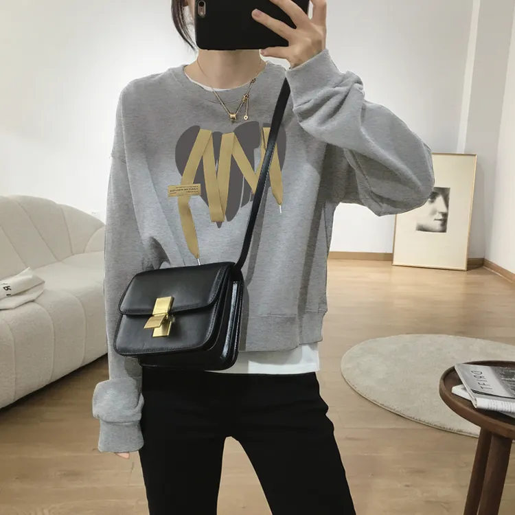 假两件圆领套头短款卫衣女加绒加厚秋冬上衣宽松小个子春秋薄款