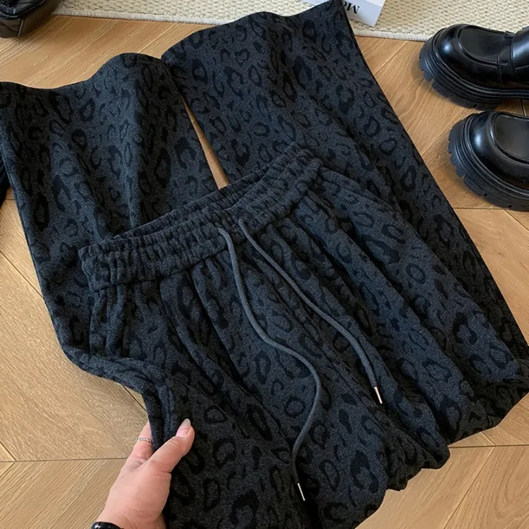 韩系豹纹加绒加厚休闲裤女冬季高腰显瘦宽松阔腿裤慵懒风抽绳卫裤