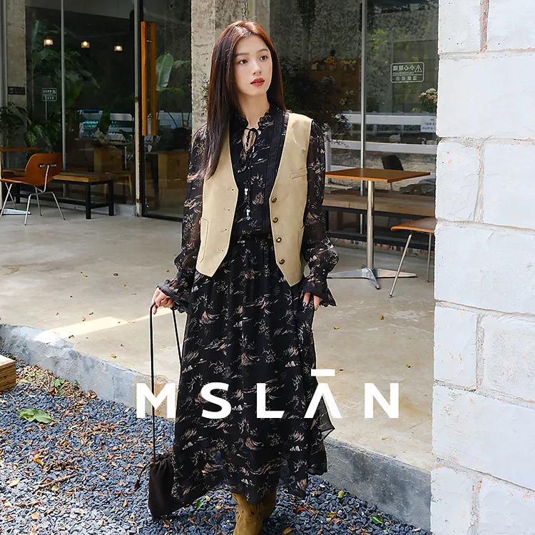 MSLAN【姆明联名】新款优雅甜美印花蕾丝分割长袖连衣裙MHDL025