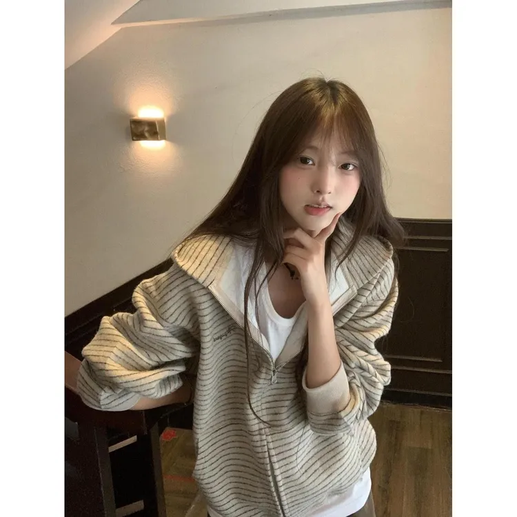美式高街韩系连帽卫衣外套女秋季慵懒风宽松条纹撞色开衫百搭上衣