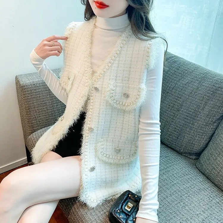 流苏小香风马甲背心女仿水貂绒秋冬新款宽松马夹坎肩上衣百搭洋气
