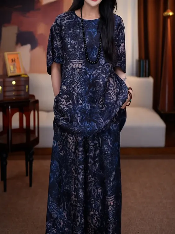 高级感轻奢洋气印花裤套装2025夏季新款圆领百搭显瘦衬衫+阔腿裤