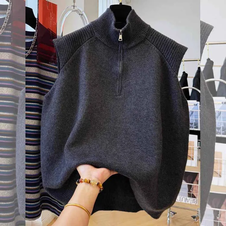 秋冬季新品叠穿半高领无袖纯色针织毛衣马夹女款大码宽松百搭上衣