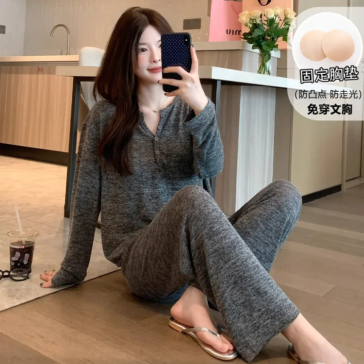 2025新款带胸垫睡衣女春秋季彩棉长袖可外穿休闲防凸点家居服套装