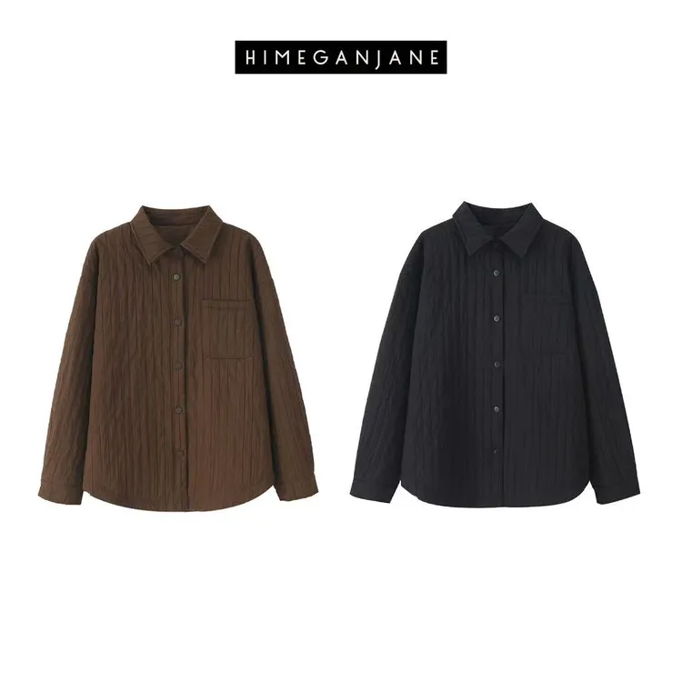 HIMEGANJANE 极简绗缝衬衣款小棉服 肌理竖条宽松外套12626