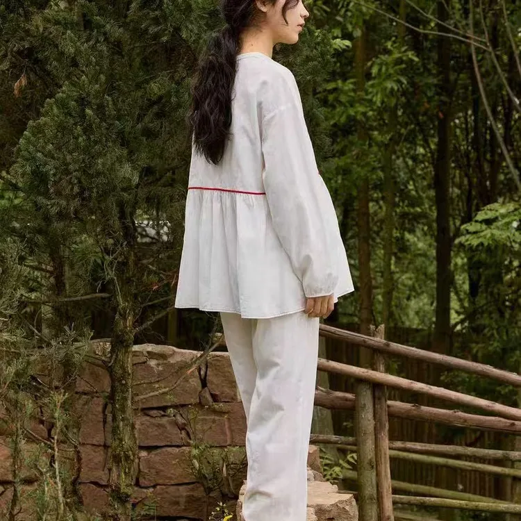 白色休闲宽松中式中国风文艺套装家居