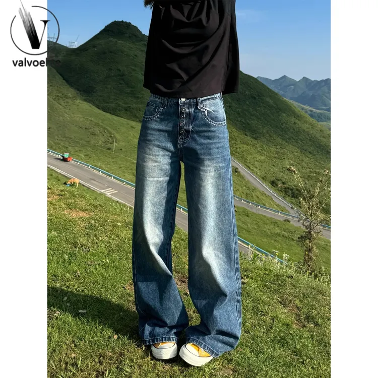 美式复古水洗做旧直筒牛仔裤男女款高级感微喇弯刀裤百搭阔腿裤子
