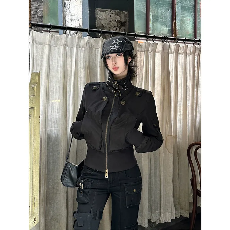 美式高街风立领设计工装外套女秋季新款ins修身短款黑色夹克上衣