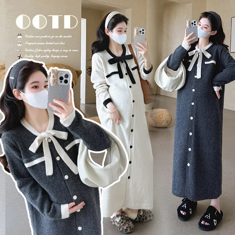 2025秋季孕妇装新款蝴蝶结长款宽松大码时尚外穿高级感孕妇连衣裙