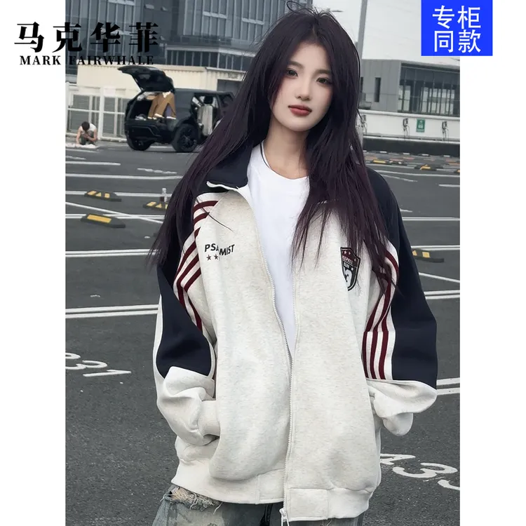 马克华菲美式复古刺绣秋季新款宽松开衫撞色立领外套男女同款早秋