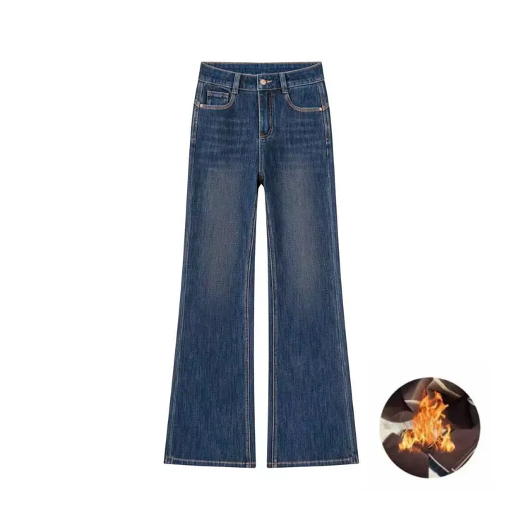 加绒加厚经典老花款拉菲红色筒喇裤裤子牛仔裤中高腰喇叭裤