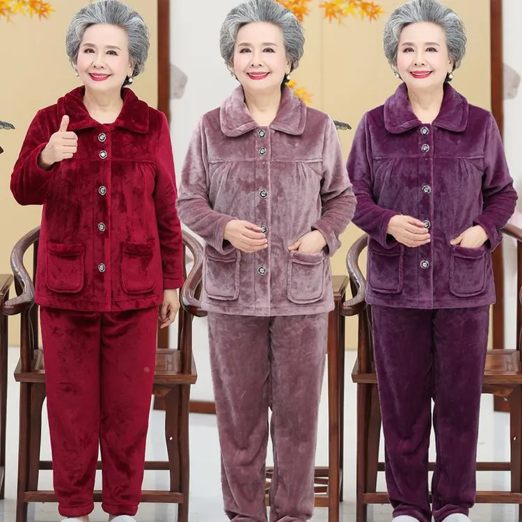 老人奶奶睡衣女法兰绒宽松秋冬季新款冬天中老年人妈妈加绒套装
