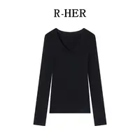 R-HER【修身打底】纯色v领长袖t恤修身收腰显瘦针织衫内搭打底上衣
