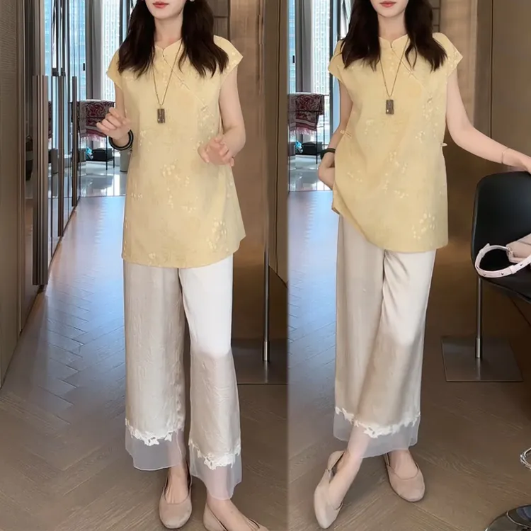 国风立领短袖上衣休闲裤子套装女生2025年夏季新款时尚潮流两件套