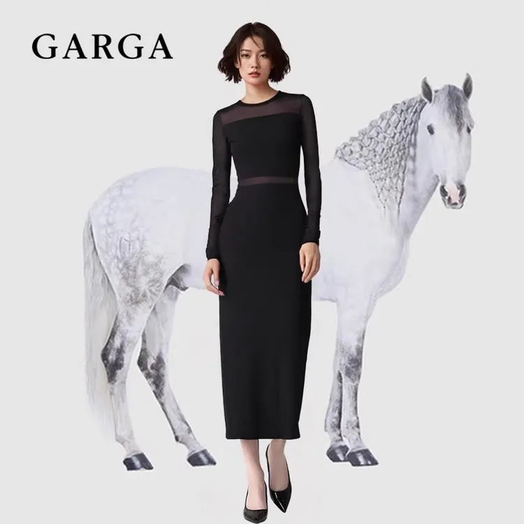 GARGA黑色热辣性感半透明纯欲针织连衣裙女包臀御姐小礼服长裙子